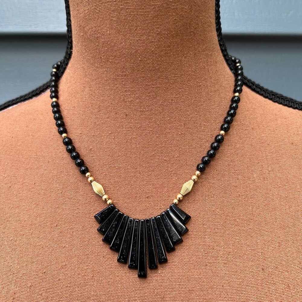 Vintage, Black & Gold Piano Key Beaded Bib Necklace, Hook & Push Clasp Closure